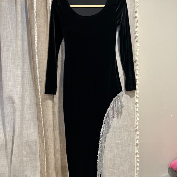Black Fringe Trim Split Thigh Velvet Bodycon Dress - Small - Picture 2 of 4